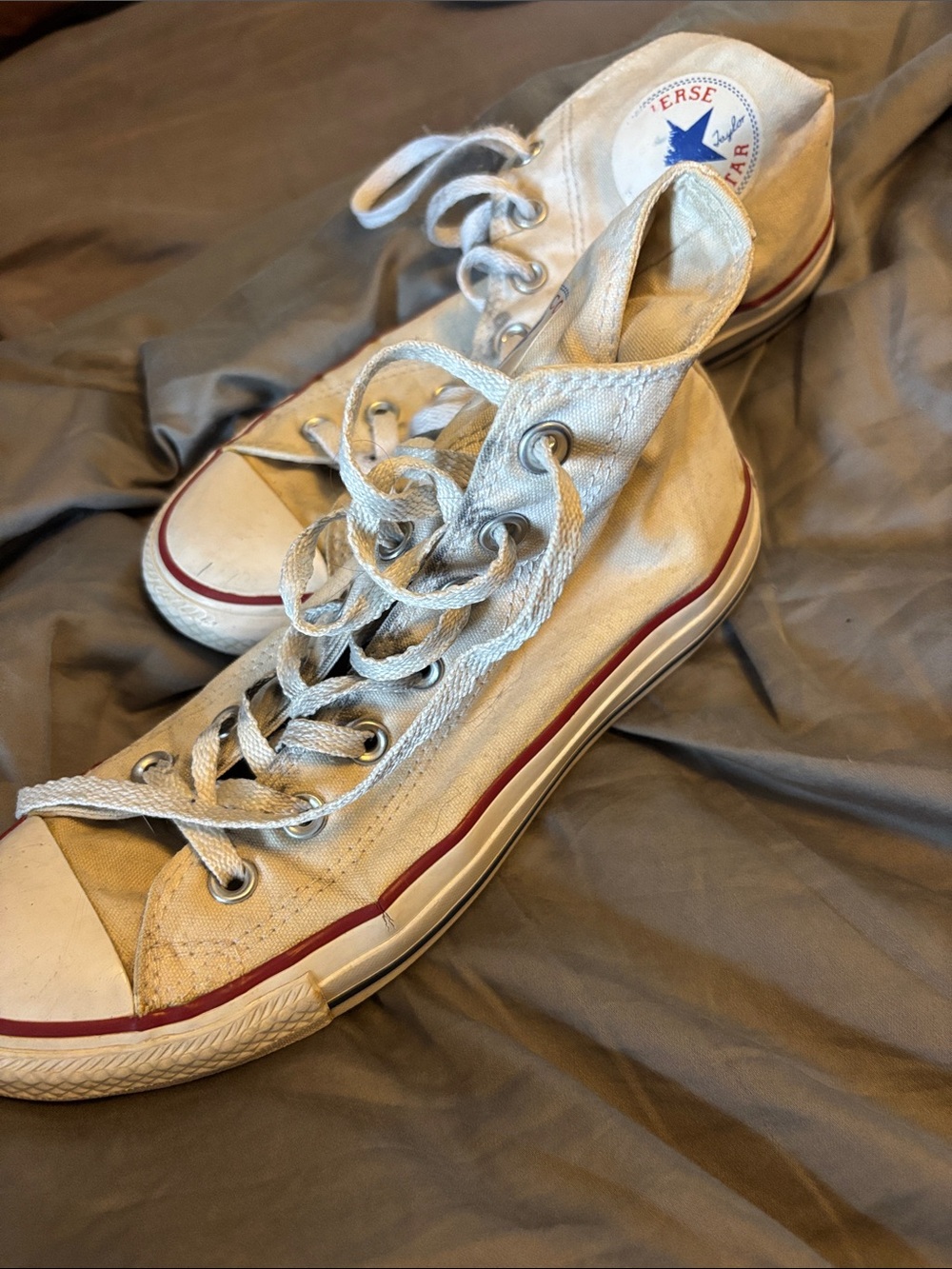 Converse White Canvas High Top Sneakers with Red Stripe